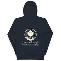 Queens Country Club hoodie featuring cream “Queens Borough Golf & Recreation Dept.” back graphic and small QCC logo on front chest.