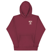 Queens Country Club hoodie featuring cream “Queens Borough Golf & Recreation Dept.” back graphic and small QCC logo on front chest.