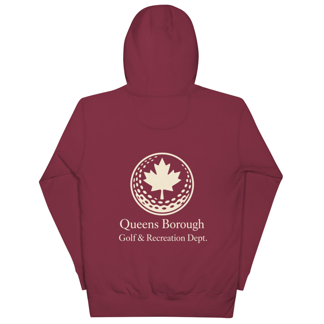 Queens Country Club hoodie featuring cream “Queens Borough Golf & Recreation Dept.” back graphic and small QCC logo on front chest.