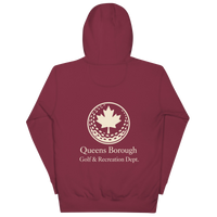 Queens Country Club hoodie featuring cream “Queens Borough Golf & Recreation Dept.” back graphic and small QCC logo on front chest.