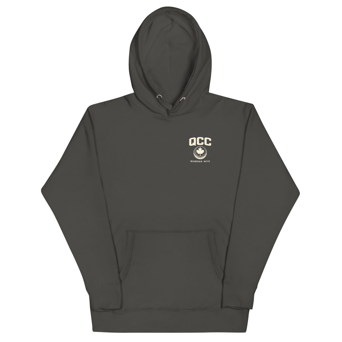 Queens Country Club hoodie featuring cream “Queens Borough Golf & Recreation Dept.” back graphic and small QCC logo on front chest.