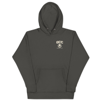 Queens Country Club hoodie featuring cream “Queens Borough Golf & Recreation Dept.” back graphic and small QCC logo on front chest.