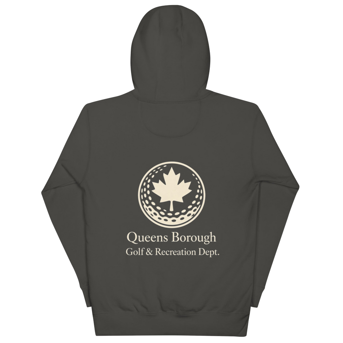 Queens Country Club hoodie featuring cream “Queens Borough Golf & Recreation Dept.” back graphic and small QCC logo on front chest.
