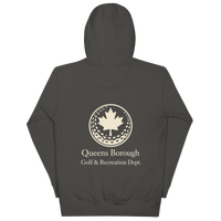 Queens Country Club hoodie featuring cream “Queens Borough Golf & Recreation Dept.” back graphic and small QCC logo on front chest.