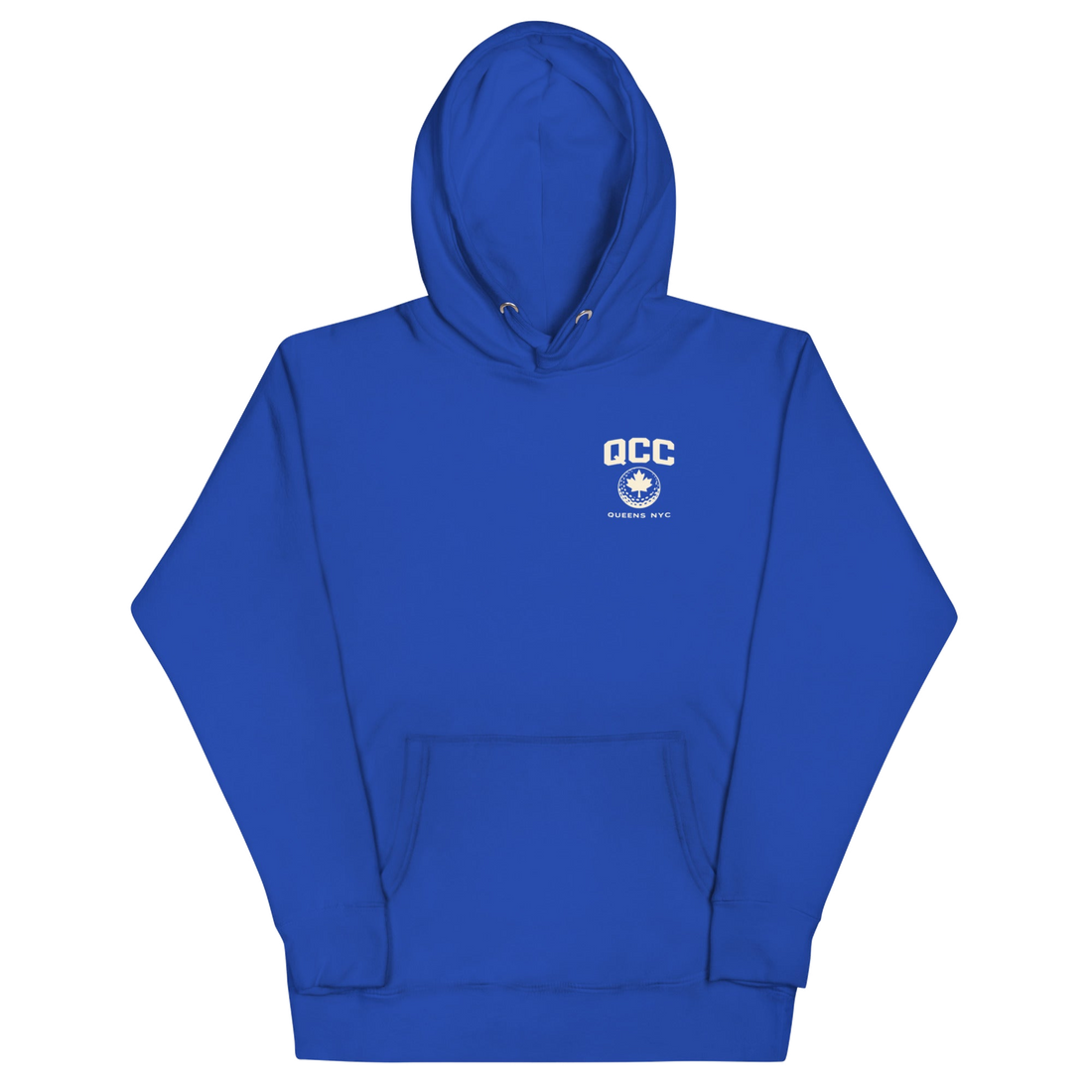 Queens Country Club hoodie featuring cream “Queens Borough Golf & Recreation Dept.” back graphic and small QCC logo on front chest.