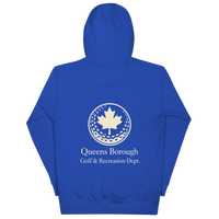 Queens Country Club hoodie featuring cream “Queens Borough Golf & Recreation Dept.” back graphic and small QCC logo on front chest.