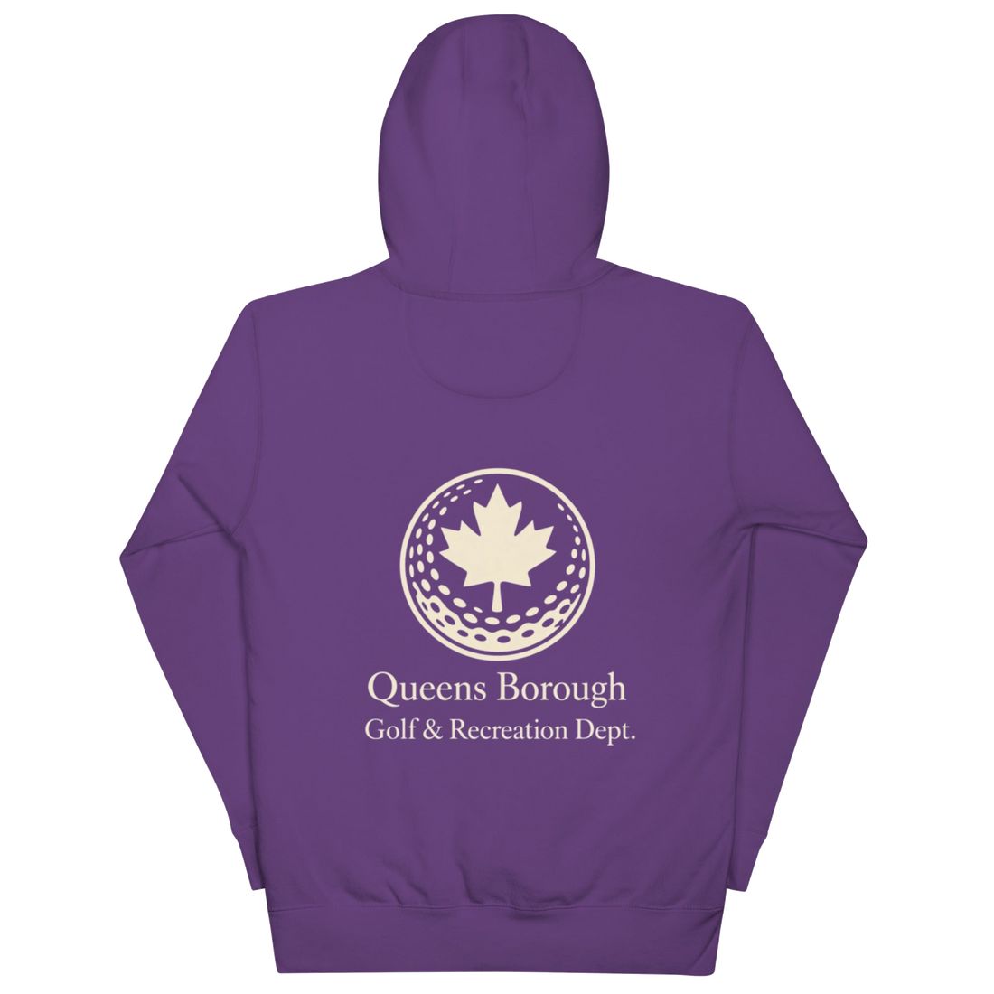 Queens Country Club hoodie featuring cream “Queens Borough Golf & Recreation Dept.” back graphic and small QCC logo on front chest.