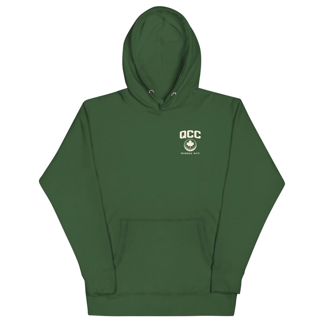 Queens Country Club hoodie featuring cream “Queens Borough Golf & Recreation Dept.” back graphic and small QCC logo on front chest.