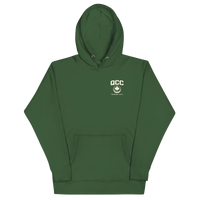 Queens Country Club hoodie featuring cream “Queens Borough Golf & Recreation Dept.” back graphic and small QCC logo on front chest.