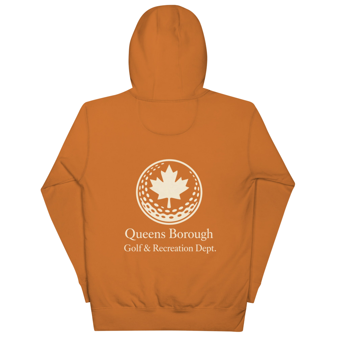 Queens Country Club hoodie featuring cream “Queens Borough Golf & Recreation Dept.” back graphic and small QCC logo on front chest.