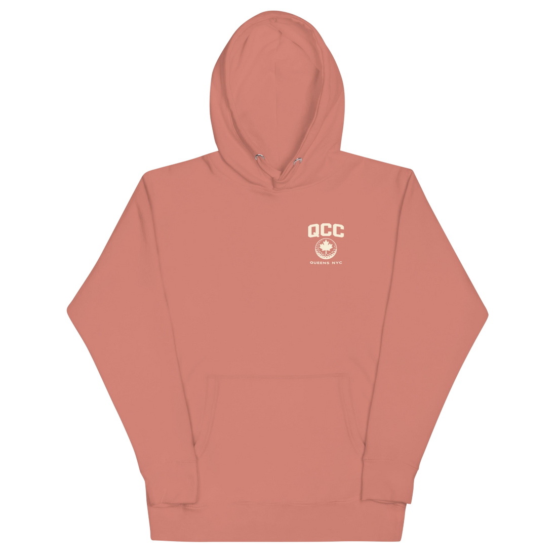 Queens Country Club hoodie featuring cream “Queens Borough Golf & Recreation Dept.” back graphic and small QCC logo on front chest.