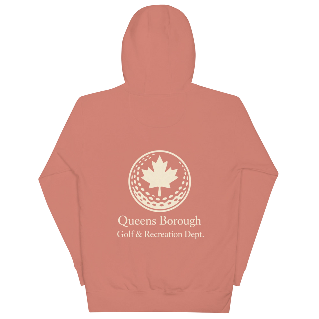 Queens Country Club hoodie featuring cream “Queens Borough Golf & Recreation Dept.” back graphic and small QCC logo on front chest.
