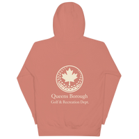 Queens Country Club hoodie featuring cream “Queens Borough Golf & Recreation Dept.” back graphic and small QCC logo on front chest.