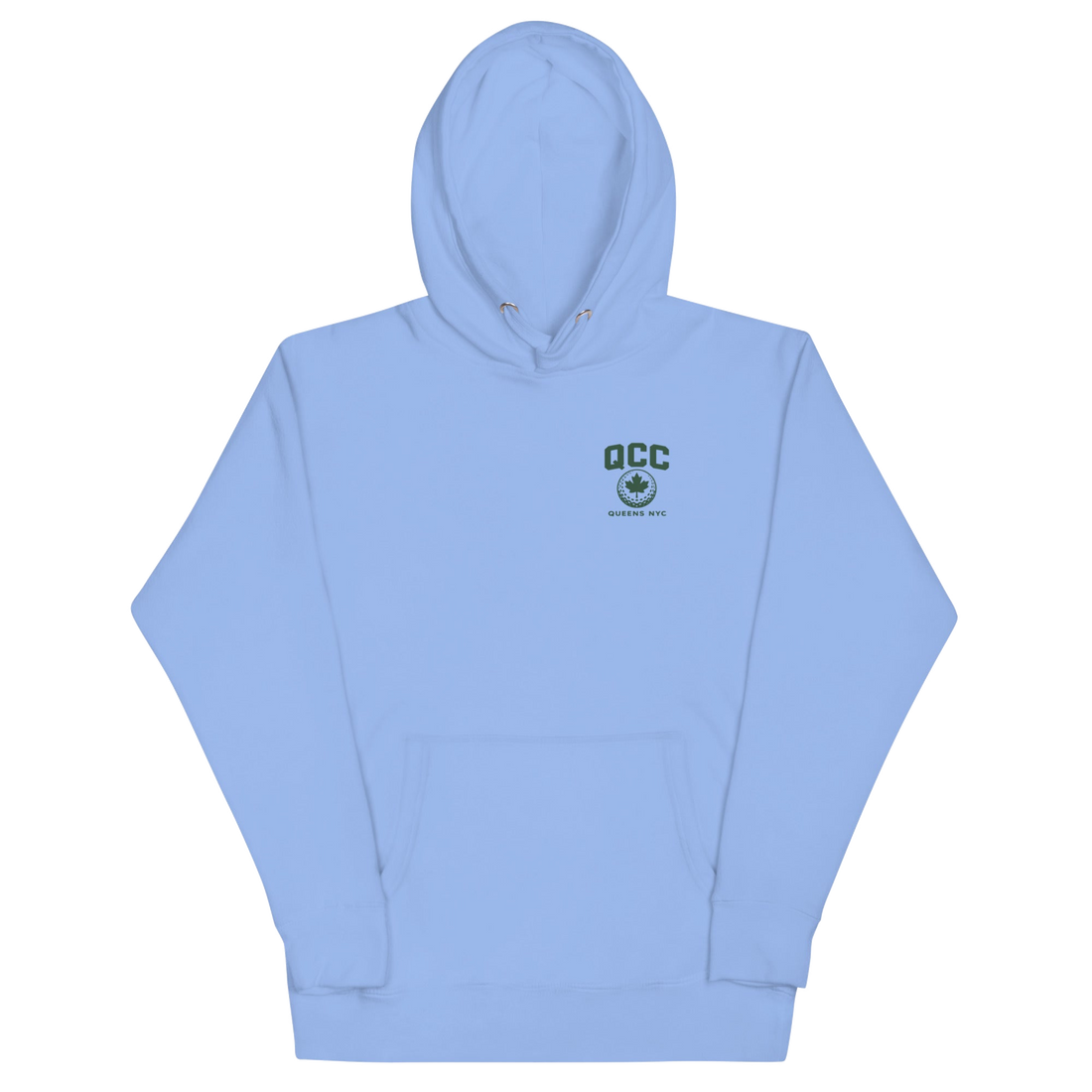 Queens Country Club hoodie featuring green “Queens Borough Golf & Recreation Dept.” back graphic and small QCC logo on front chest.