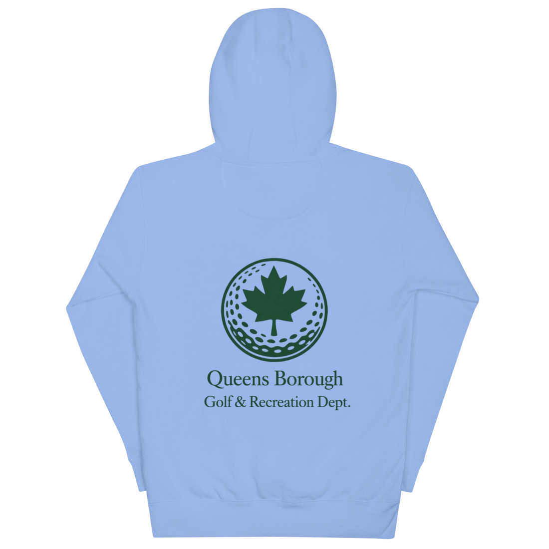 Queens Golf Dept. Hoodie with green Queens Borough Golf & Recreation Dept. graphic — Carolina Blue back view | Queens Country Club