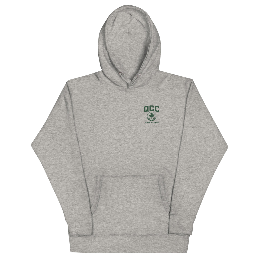 Queens Golf Dept. Hoodie with green Queens Borough Golf & Recreation Dept. graphic — Carbon Grey front view | Queens Country Club