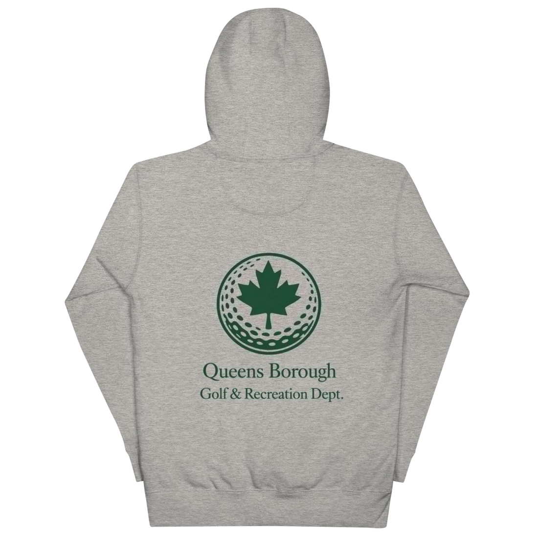 Queens Golf Dept. Hoodie with green Queens Borough Golf & Recreation Dept. graphic — Carbon Grey back view | Queens Country Club