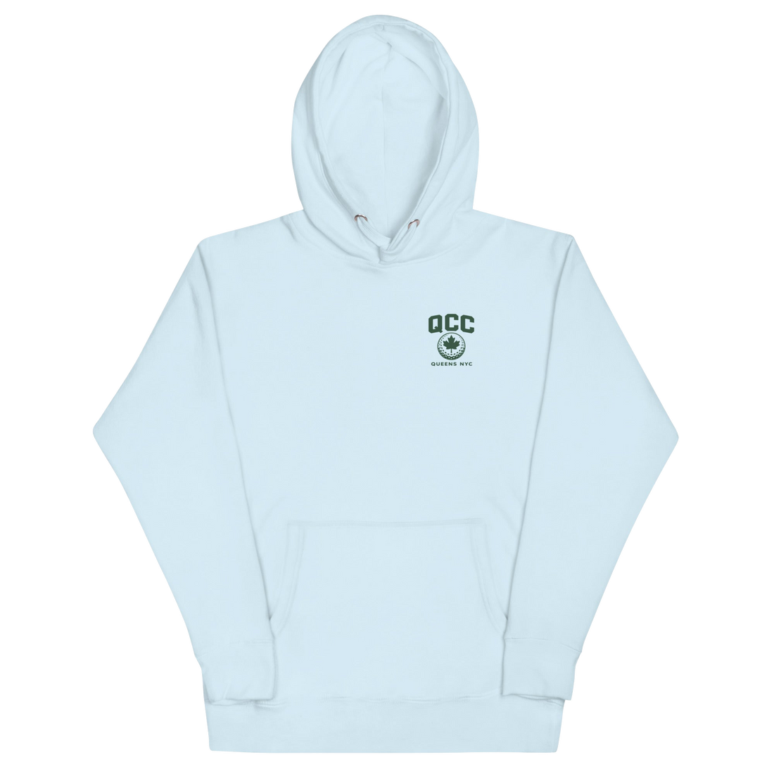 Queens Golf Dept. Hoodie with green Queens Borough Golf & Recreation Dept. graphic — Sky Blue front view | Queens Country Club