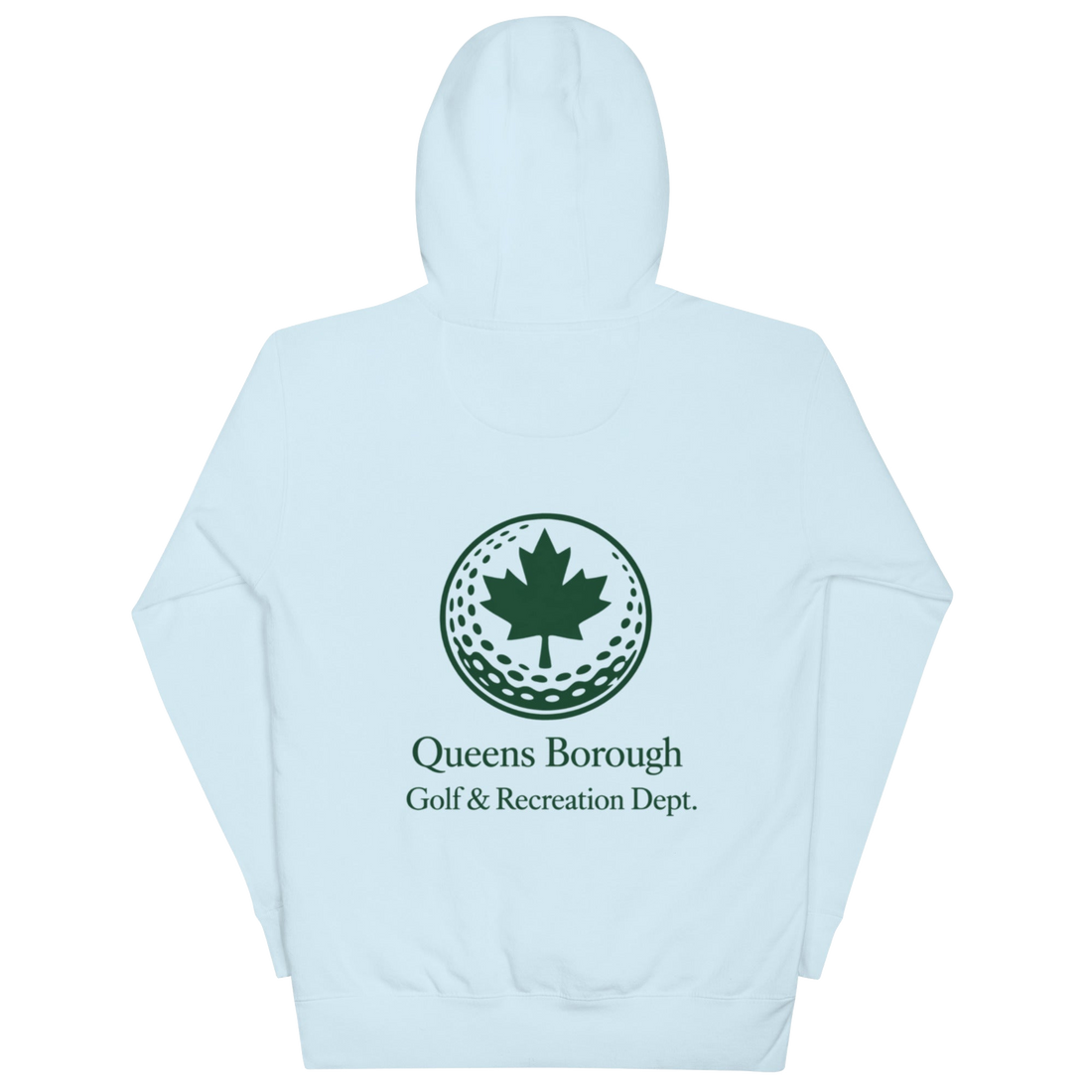 Queens Golf Dept. Hoodie with green Queens Borough Golf & Recreation Dept. graphic — Sky Blue back view | Queens Country Club