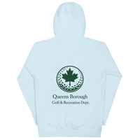 Queens Golf Dept. Hoodie with green Queens Borough Golf & Recreation Dept. graphic — Sky Blue back view | Queens Country Club