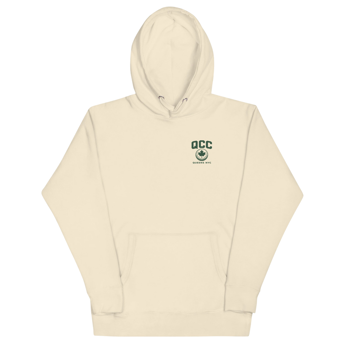Queens Golf Dept. Hoodie with green Queens Borough Golf & Recreation Dept. graphic — Bone front view | Queens Country Club