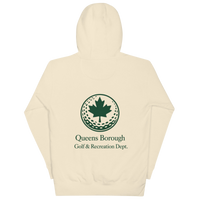 Queens Golf Dept. Hoodie with green Queens Borough Golf & Recreation Dept. graphic — Bone back view | Queens Country Club