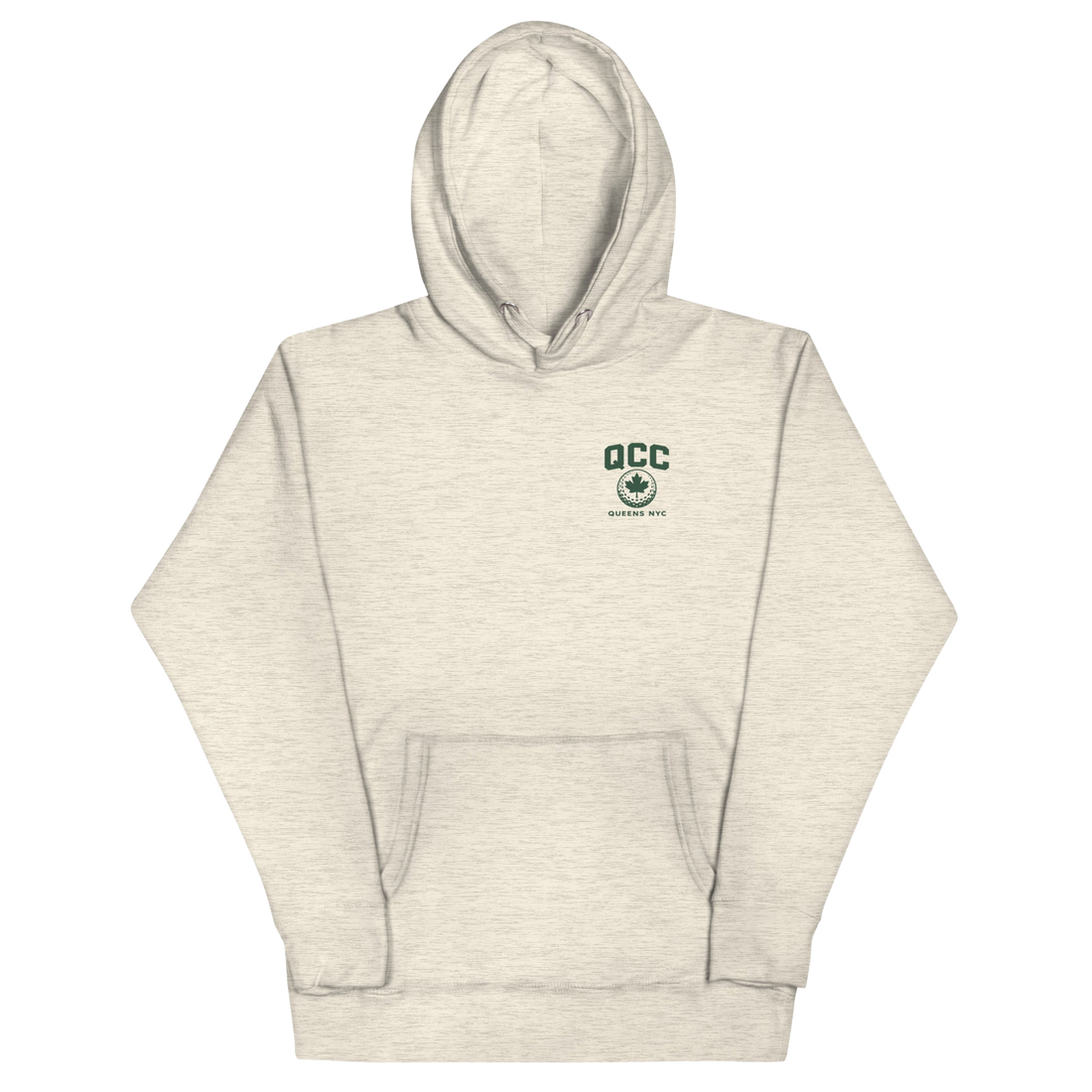 Queens Golf Dept. Hoodie with green Queens Borough Golf & Recreation Dept. graphic — Oatmeal Heather front view | Queens Country Club