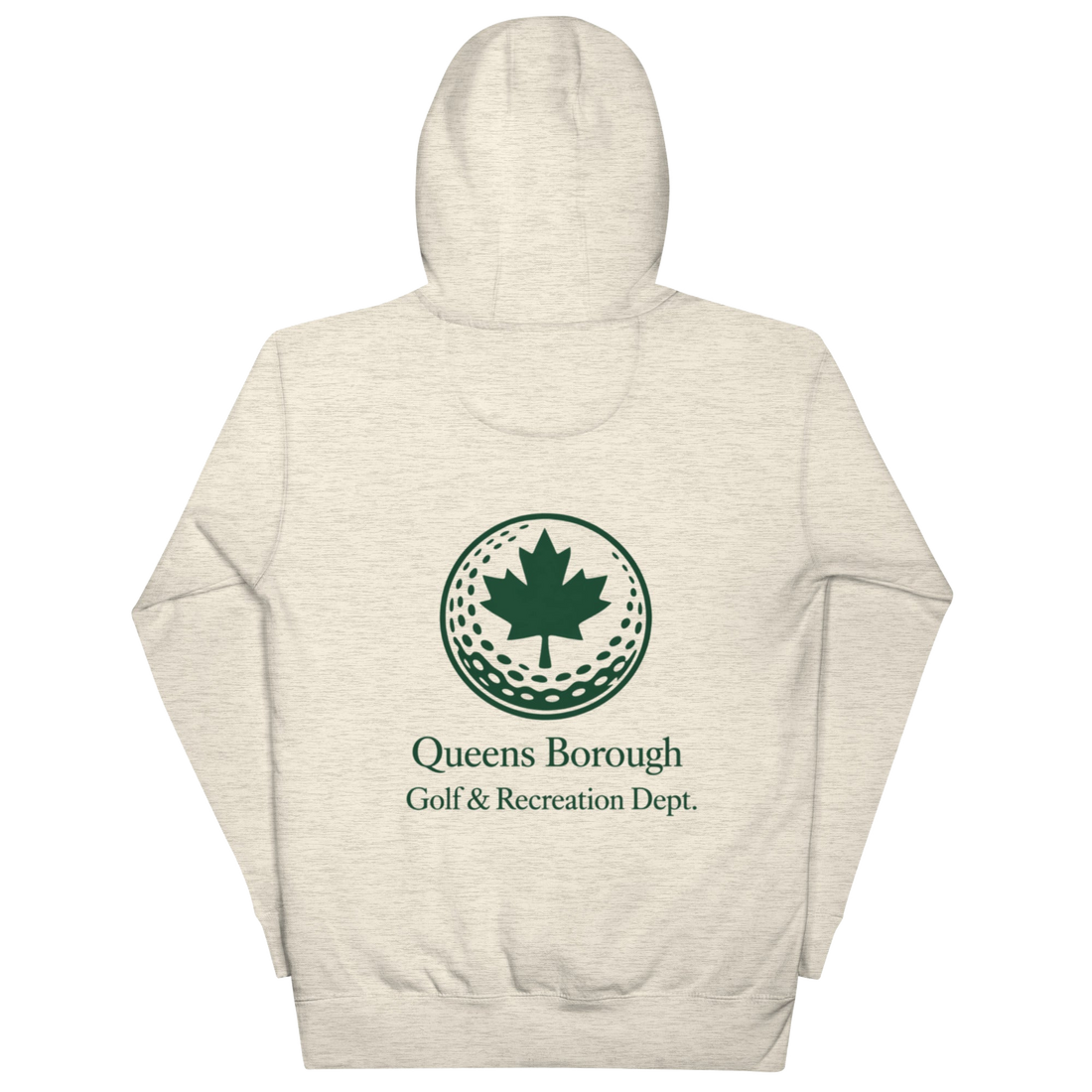 Queens Golf Dept. Hoodie with green Queens Borough Golf & Recreation Dept. graphic — Oatmeal Heather back view | Queens Country Club