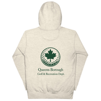 Queens Golf Dept. Hoodie with green Queens Borough Golf & Recreation Dept. graphic — Oatmeal Heather back view | Queens Country Club