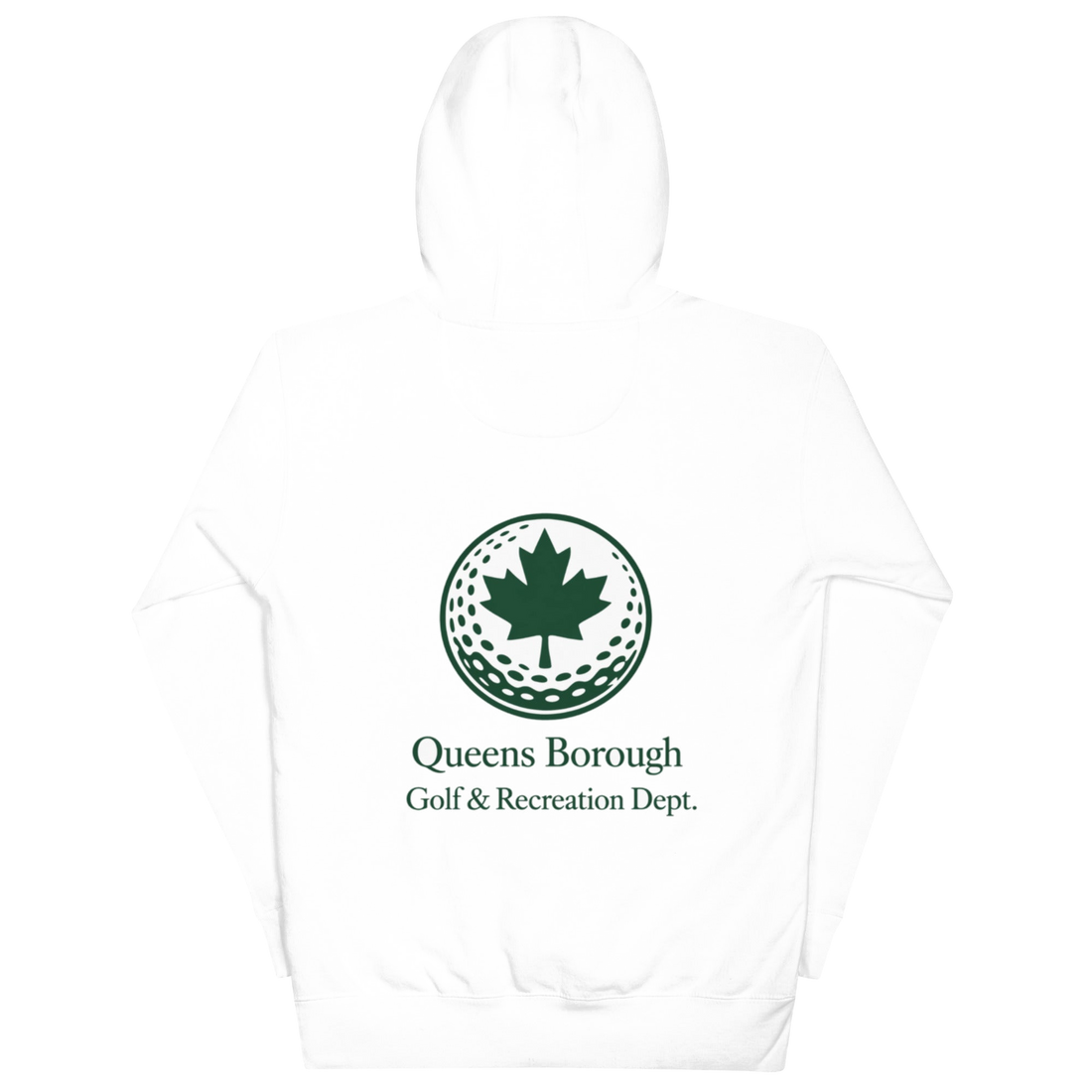 Queens Golf Dept. Hoodie with green Queens Borough Golf & Recreation Dept. graphic — White back view | Queens Country Club