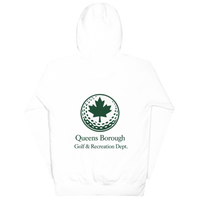 Queens Golf Dept. Hoodie with green Queens Borough Golf & Recreation Dept. graphic — White back view | Queens Country Club