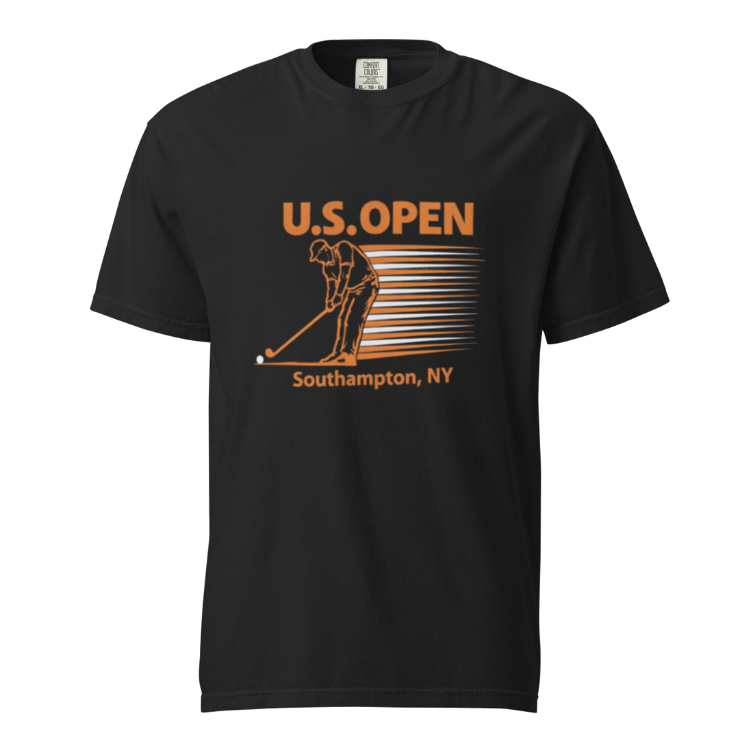 Black garment-dyed U.S. Open golf T-shirt featuring a retro golfer graphic and Southampton, NY typography inspired by Shinnecock Hills Golf Club and…