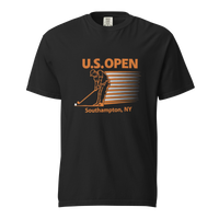 Black garment-dyed U.S. Open golf T-shirt featuring a retro golfer graphic and Southampton, NY typography inspired by Shinnecock Hills Golf Club and…