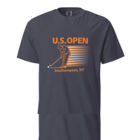 U.S. Open golf T-shirt featuring a retro golfer graphic and Southampton, NY typography inspired by Shinnecock Hills Golf Club and New York golf…