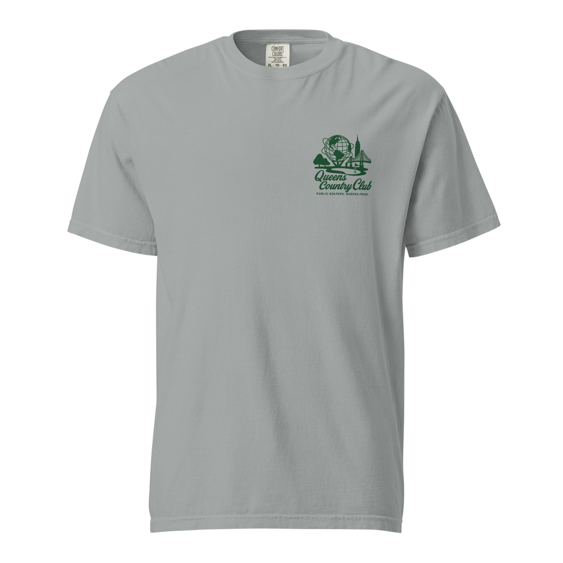 Queens Country Club Unisphere golf tee in Granite, front view with green chest logo