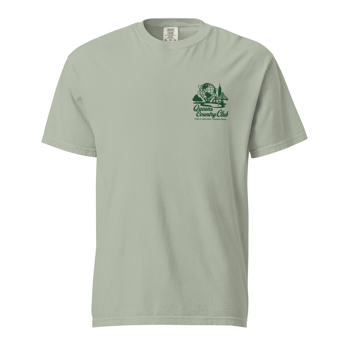Queens Country Club Unisphere golf tee in Bay, front view with green chest logo