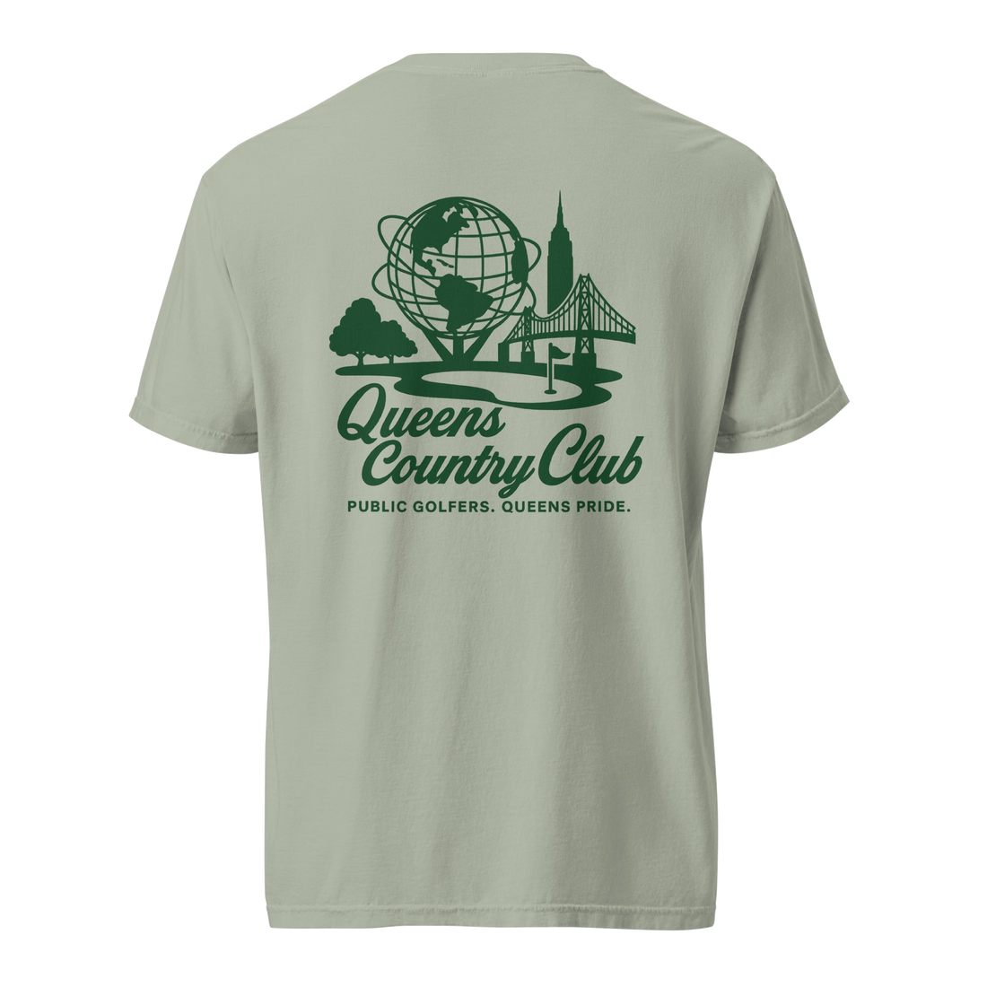 Queens Country Club Unisphere golf tee in Bay, back view with Unisphere, Empire State Building and Triborough Bridge graphic