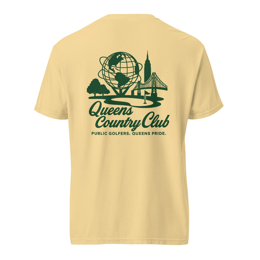 Queens Country Club Unisphere golf tee in Butter, back view with Unisphere, Empire State Building and Triborough Bridge graphic