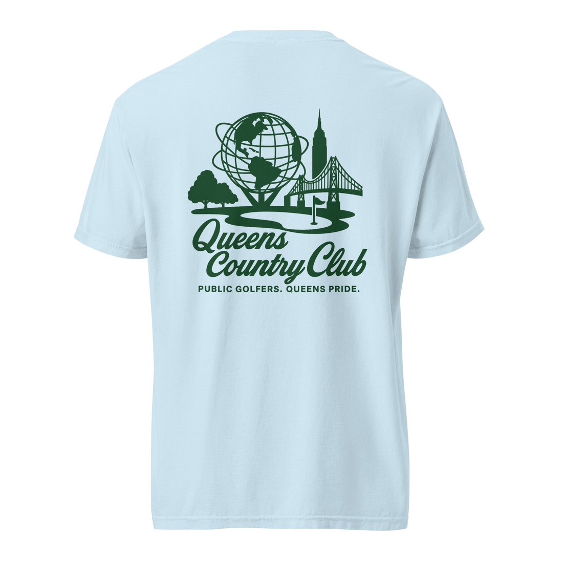 Queens Country Club Unisphere golf tee in Chambray, back view with Unisphere, Empire State Building and Triborough Bridge graphic