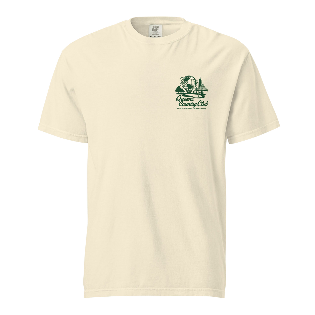 Queens Country Club Unisphere golf tee in Ivory, front view with green chest logo