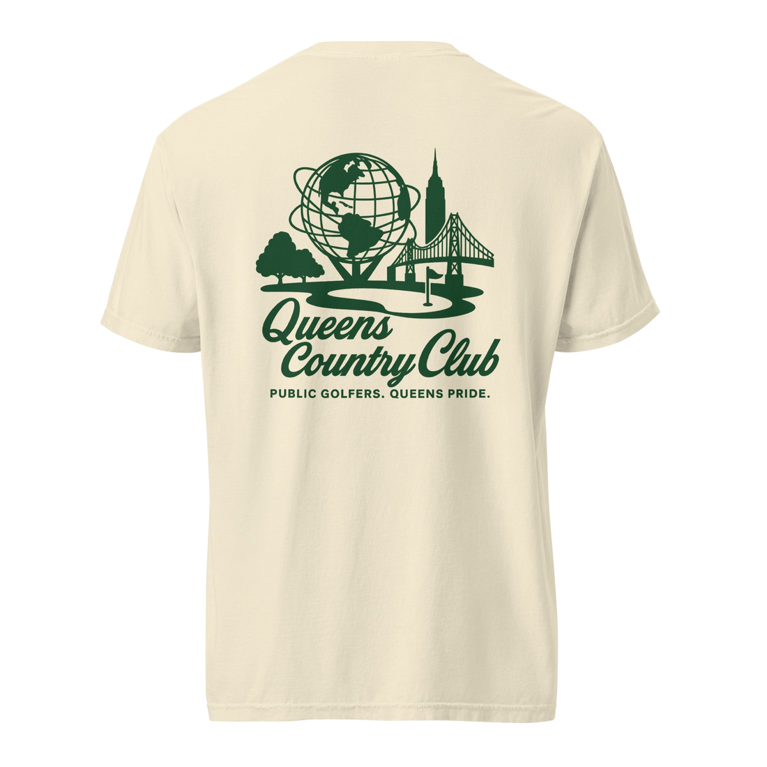 Queens Country Club Unisphere golf tee in Ivory, back view with Unisphere, Empire State Building and Triborough Bridge graphic