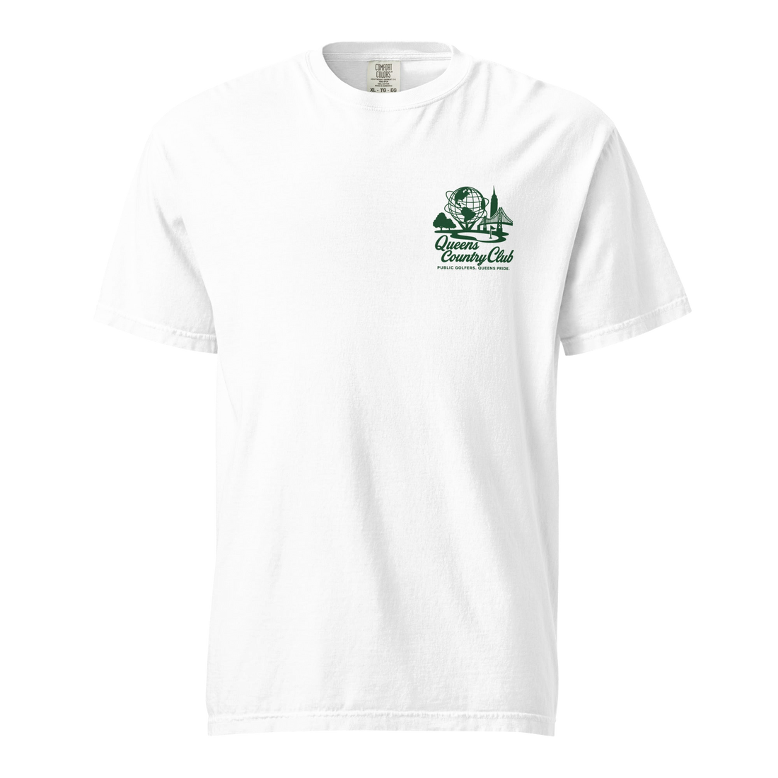 Queens Country Club Unisphere golf tee in White, front view with green chest logo