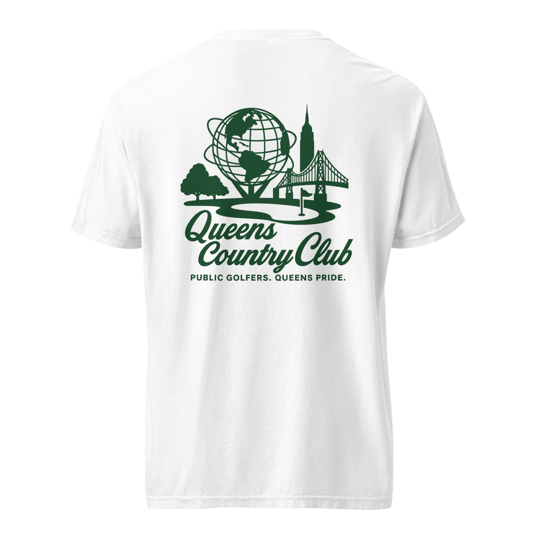 Queens Country Club Unisphere golf tee in White, back view with Unisphere, Empire State Building and Triborough Bridge graphic