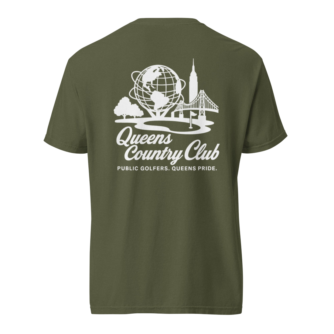 'Queens Country Club' logo on the front and back. Queens Unisphere Golf Tee