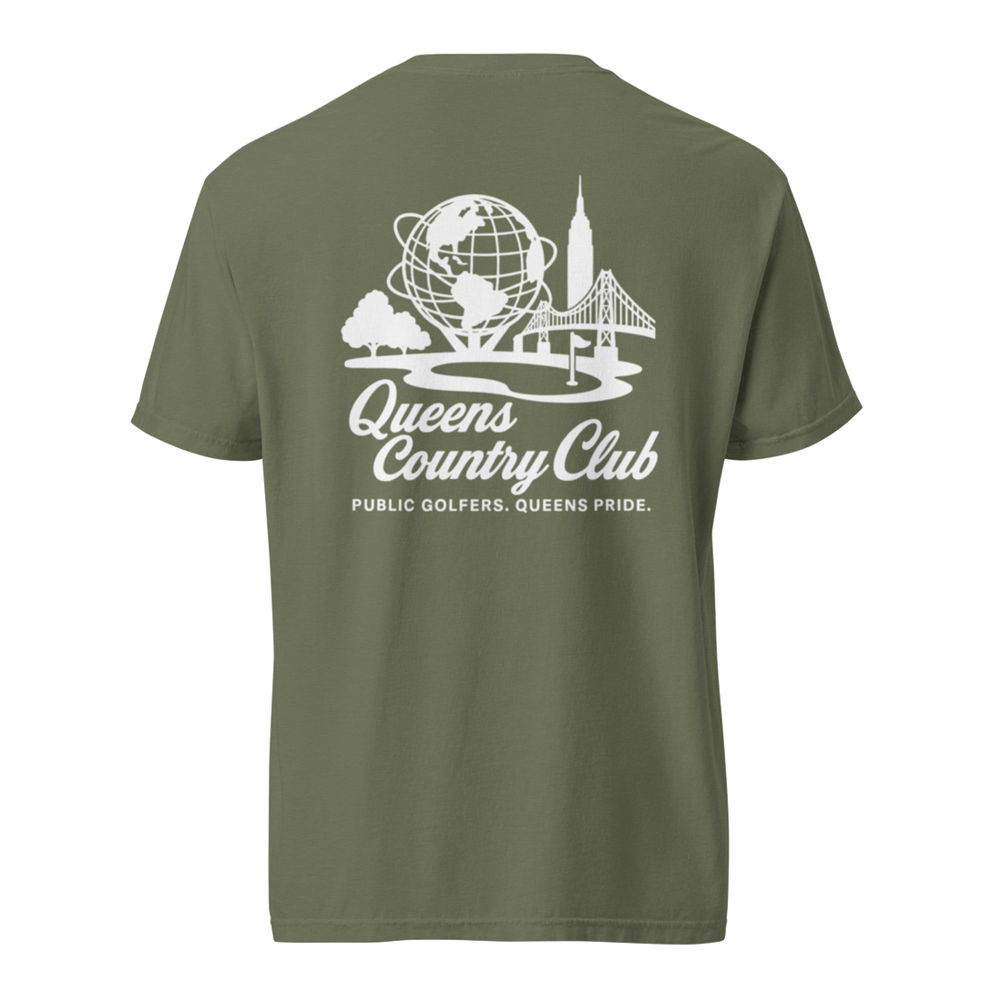 'Queens Country Club' logo on the front and back. Queens Unisphere Golf Tee