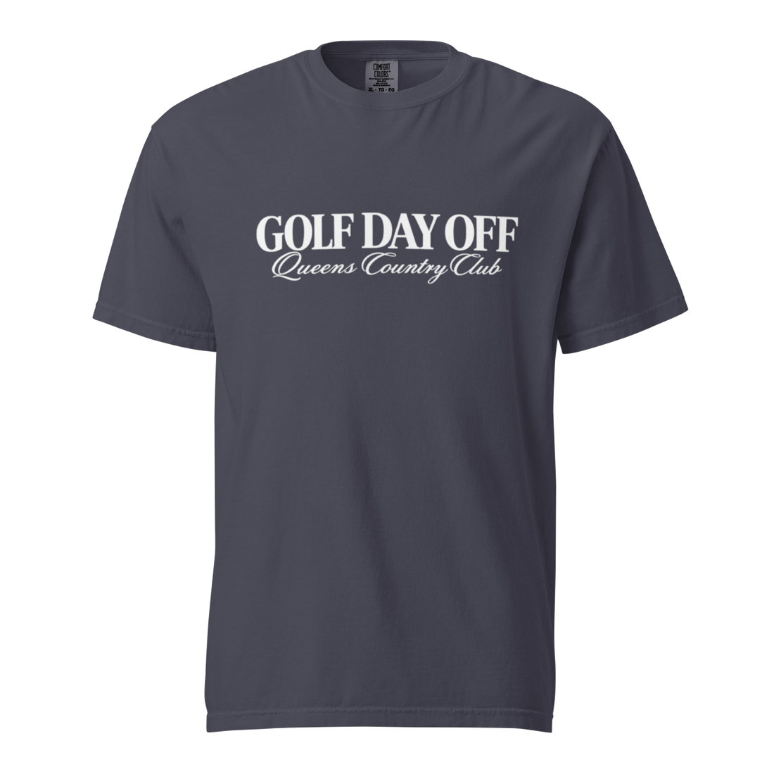 Golf Day Off Tee featuring white vintage inspired Queens Country Club graphic on a garment-dyed heavyweight t-shirt.