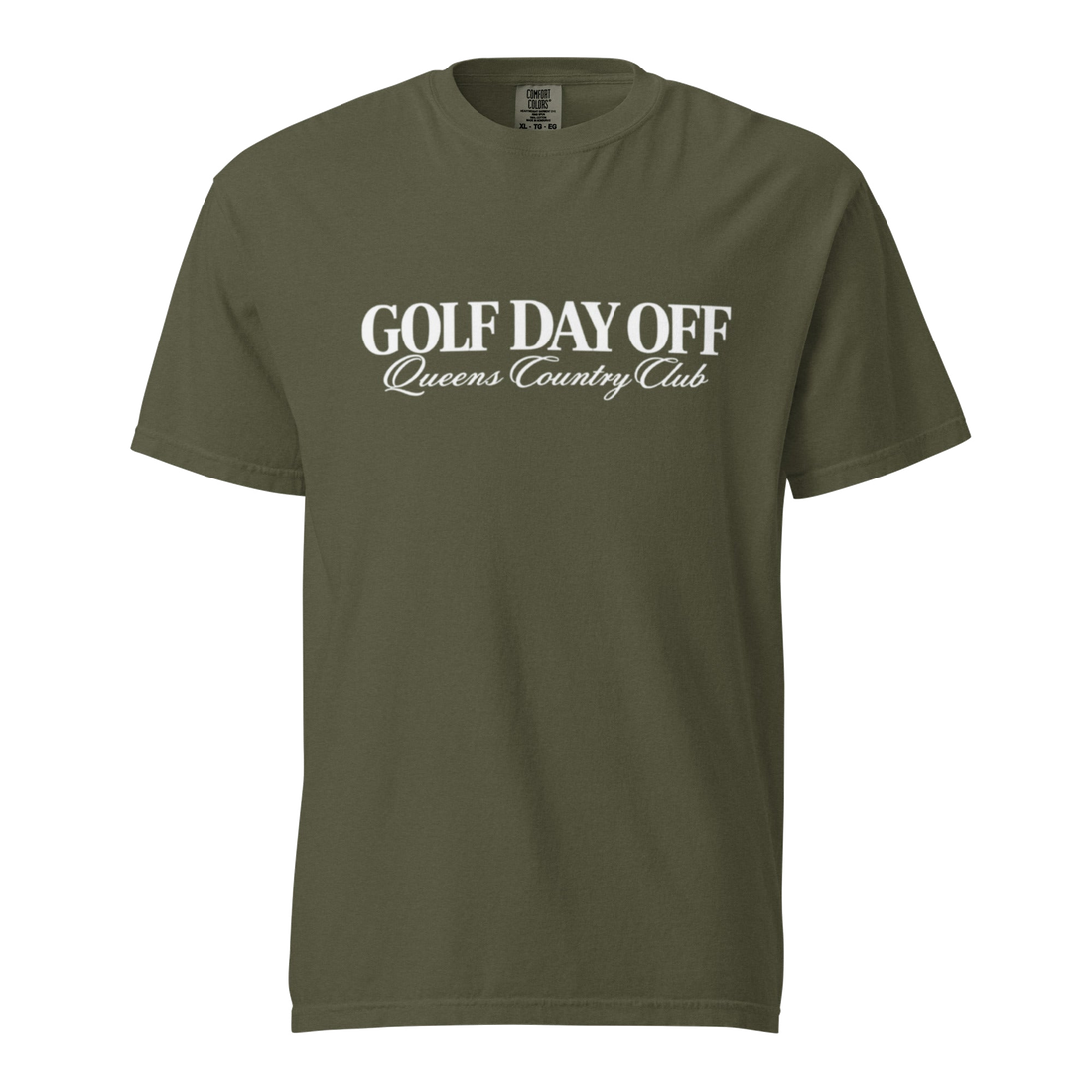 Golf Day Off Tee featuring white vintage inspired Queens Country Club graphic on a garment-dyed heavyweight t-shirt.