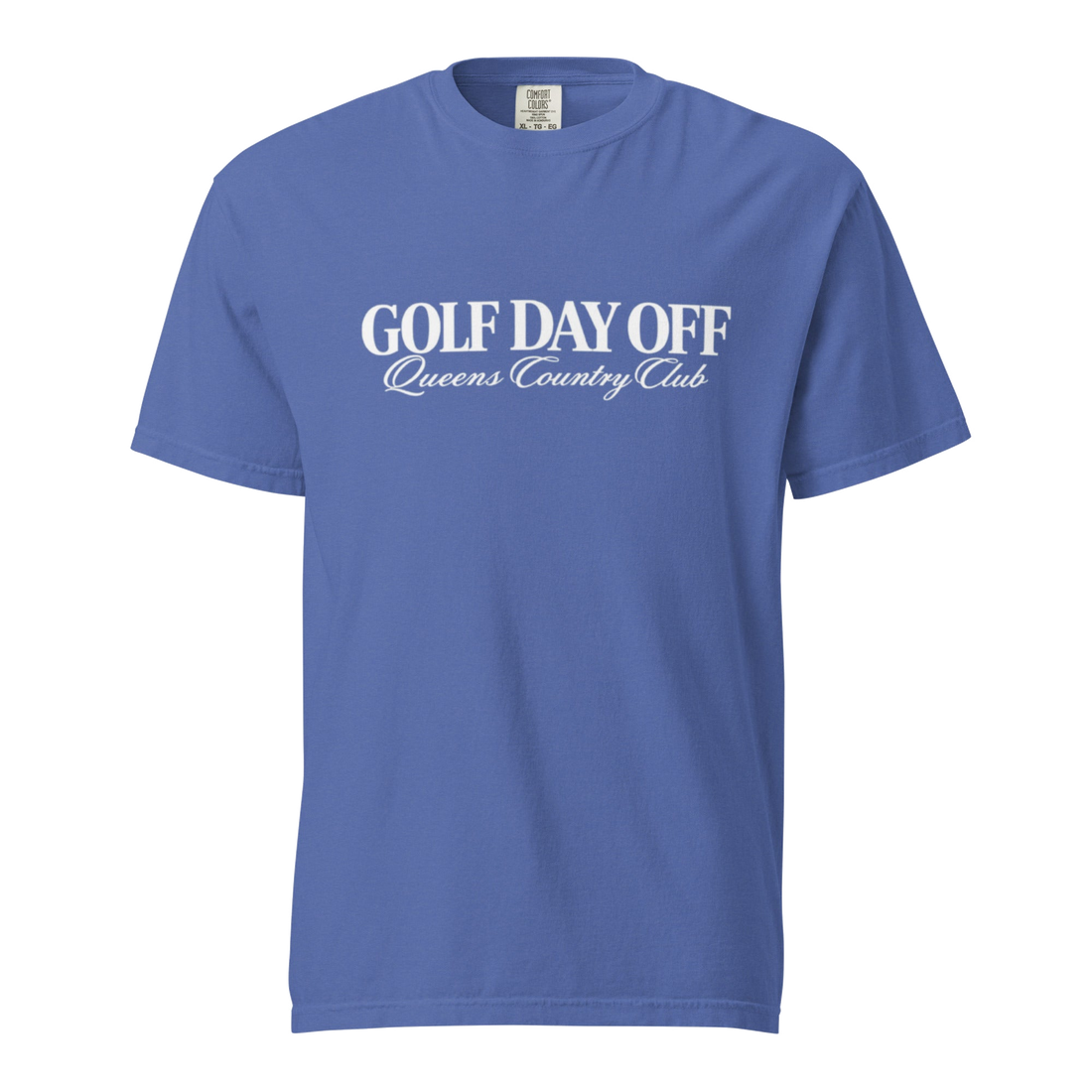 Blue t-shirt with 'GOLF DAY OFF Queens Country Club' text