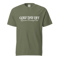 Golf Day Off Tee featuring white f-inspired Queens Country Club graphic on a garment-dyed heavyweight t-shirt.
