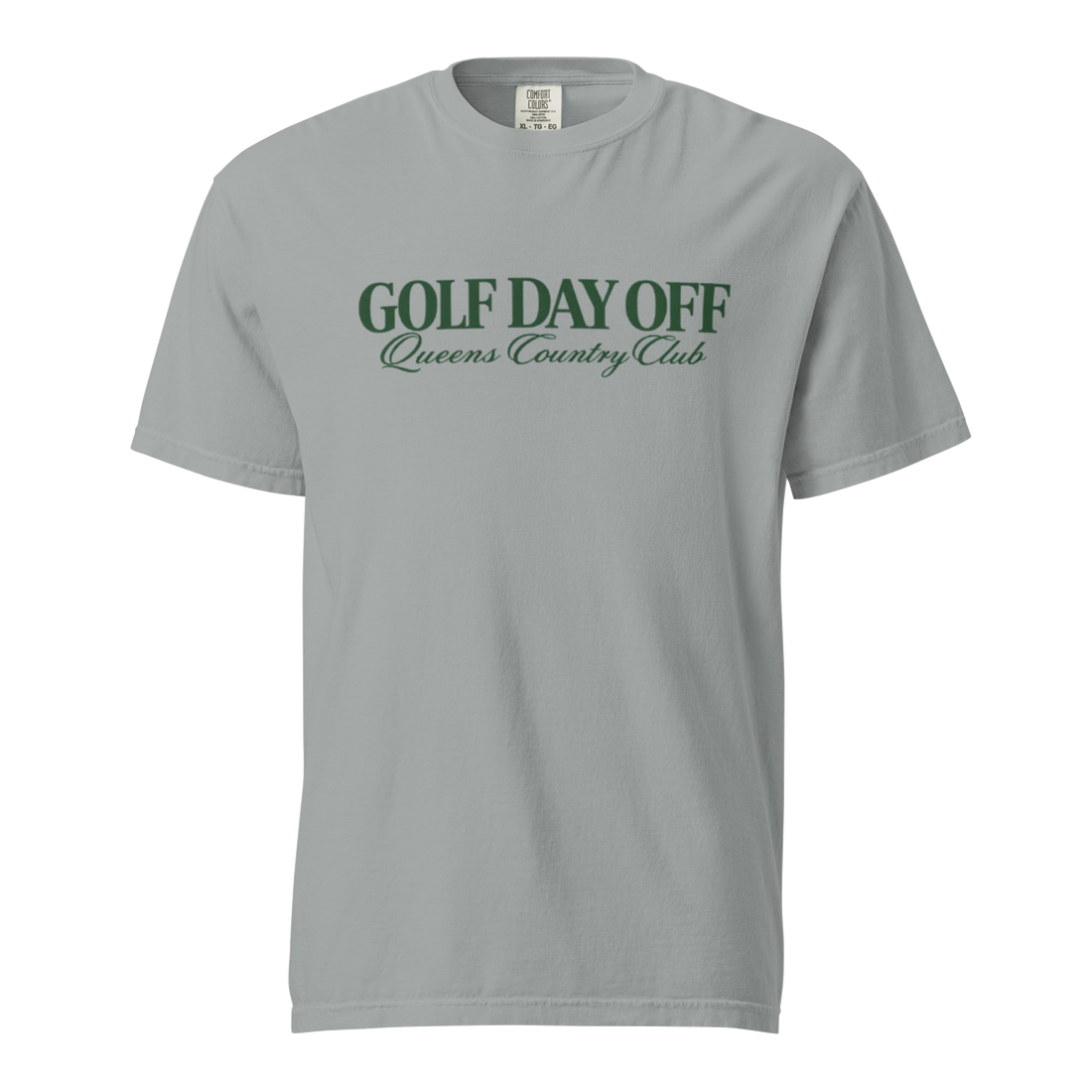 Golf Day Off Tee featuring green vintage inspired Queens Country Club graphic on a garment-dyed heavyweight t-shirt.
